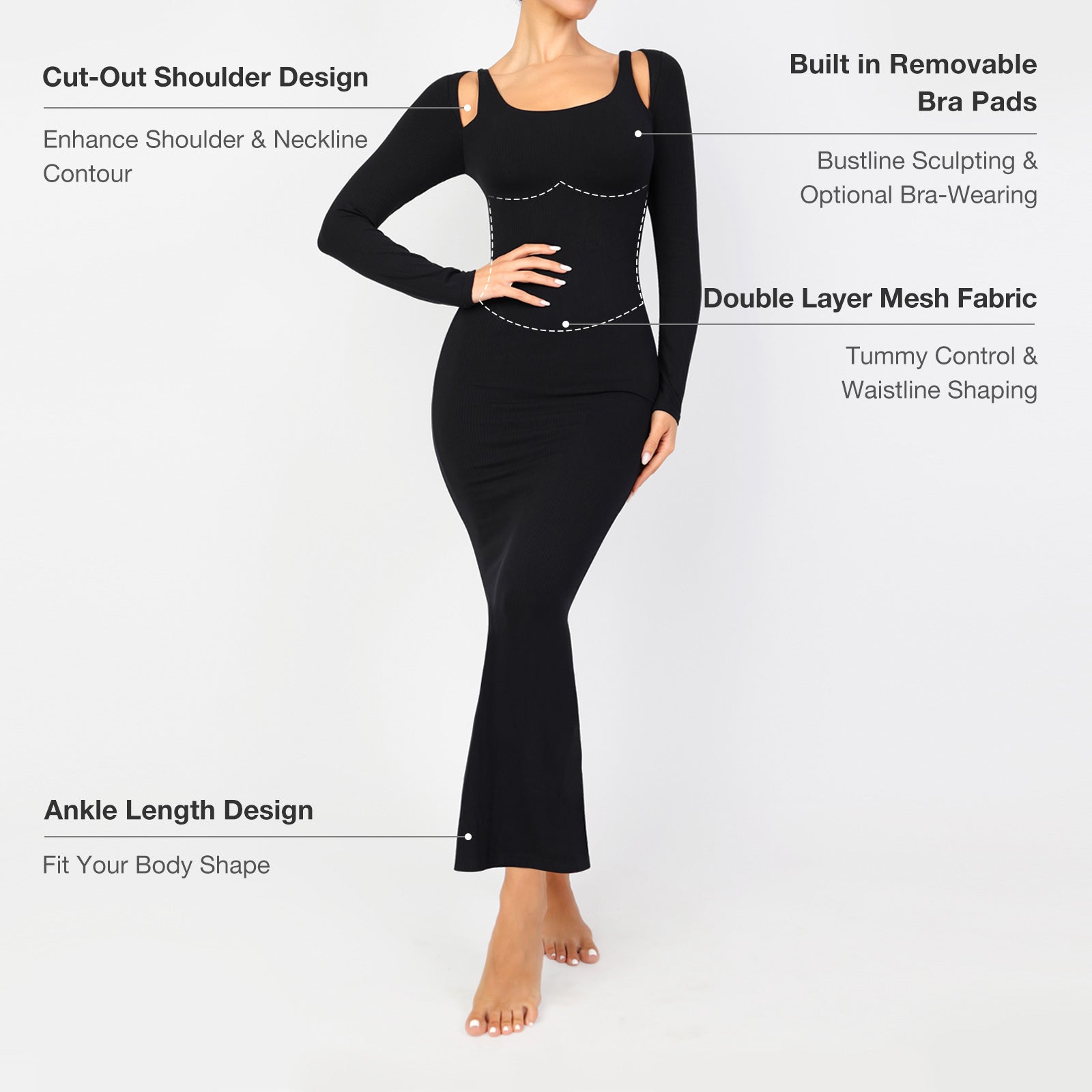 Lover-Beauty Long Sleeve Dress for Women Cut Out Off Shoulder Maxi Bodycon Dress Built in Bra Formal Wedding Guest Dress