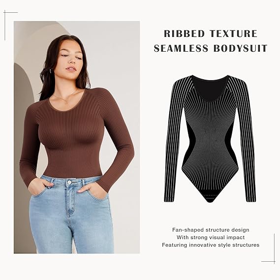 Loverbeauty Long Sleeve Thong Bodysuit for Women Essential Bodysuits Ribbed Tee Tops Scalloped Texture Slimming Tshirt