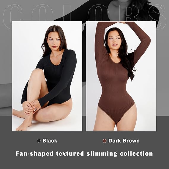 Loverbeauty Long Sleeve Thong Bodysuit for Women Essential Bodysuits Ribbed Tee Tops Scalloped Texture Slimming Tshirt
