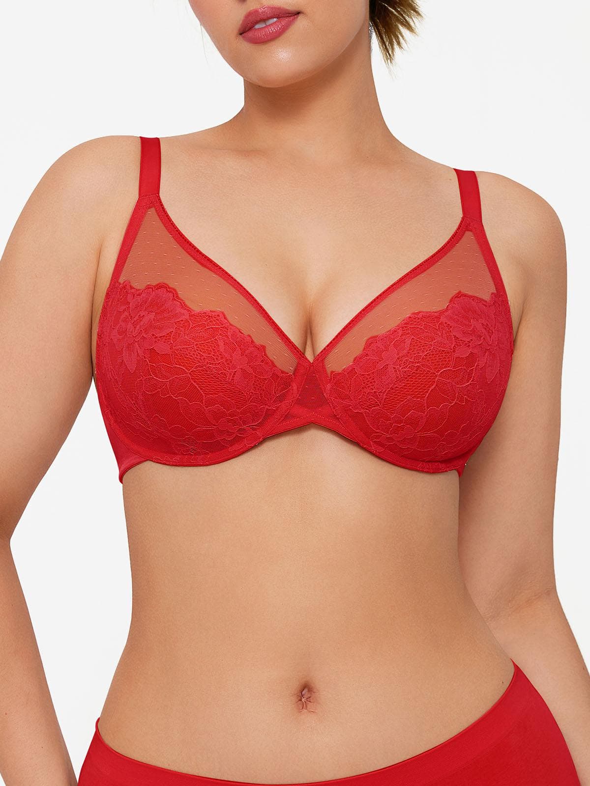 Popilush® Red / 34C Lightweight Underwire Minimizer Lace Mesh Bra