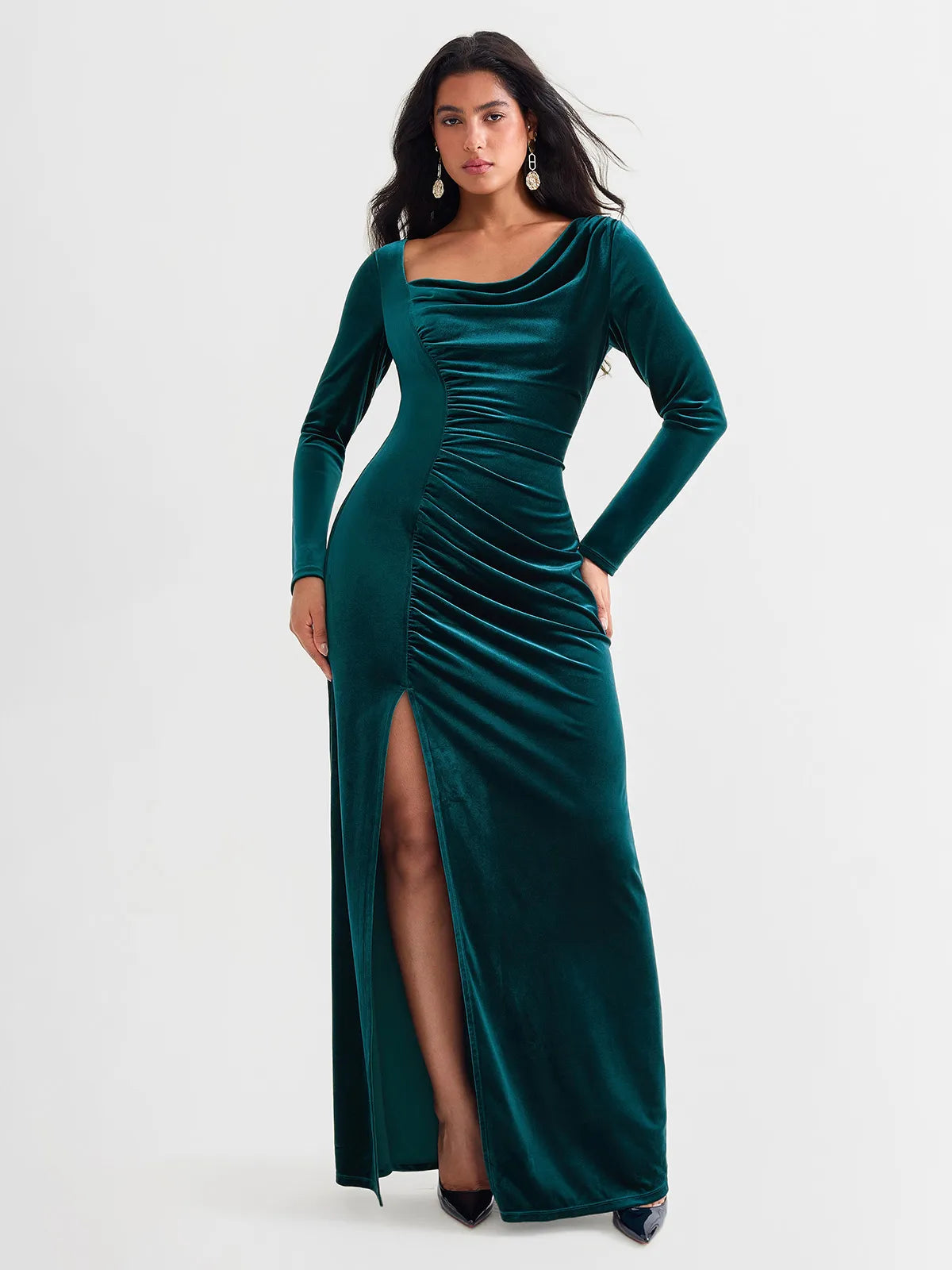 Popilush® Green / S Velvet Draped Sculpting Maxi Dress