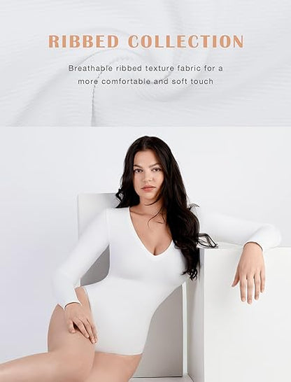 Lover-Beauty Women'S Deep V Neck Long Sleeve Tops Thong Bodysuit Jumpsuits Clubwear T Shirts