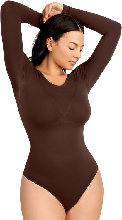 Lover-Beauty Long Sleeve Bodysuit for Women Scoop Neck Top Body-Hugging Thong Body Suits Slimming Leotard Shirt