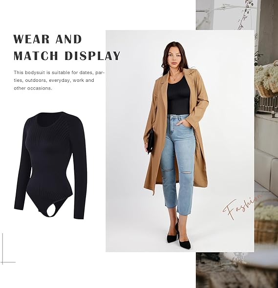 Loverbeauty Long Sleeve Thong Bodysuit for Women Essential Bodysuits Ribbed Tee Tops Scalloped Texture Slimming Tshirt