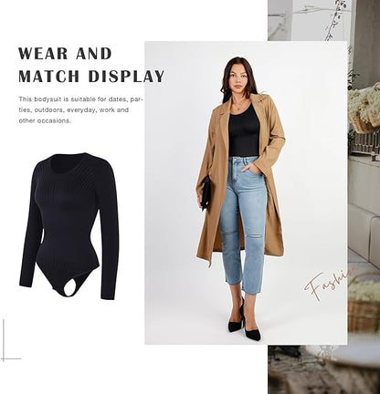 Loverbeauty Long Sleeve Thong Bodysuit for Women Essential Bodysuits Ribbed Tee Tops Scalloped Texture Slimming Tshirt