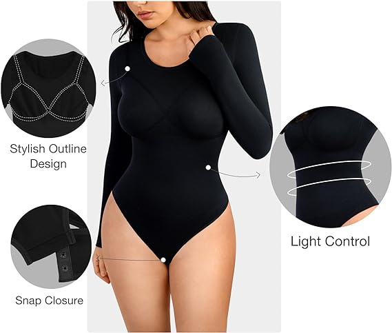 Lover-Beauty Long Sleeve Bodysuit for Women Scoop Neck Top Body-Hugging Thong Body Suits Slimming Leotard Shirt