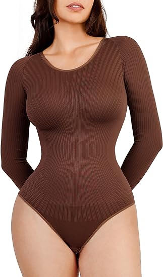 Long Sleeve Thong Bodysuit for Women Essential Bodysuits Ribbed Tee Tops Scalloped Texture Slimming Tshirt