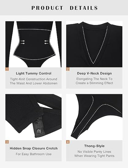 Lover-Beauty Women'S Deep V Neck Long Sleeve Tops Thong Bodysuit Jumpsuits Clubwear T Shirts