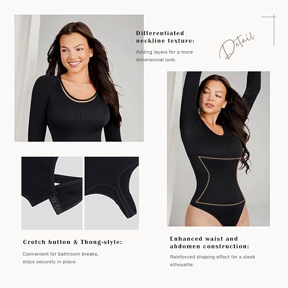 Loverbeauty Long Sleeve Thong Bodysuit for Women Essential Bodysuits Ribbed Tee Tops Scalloped Texture Slimming Tshirt