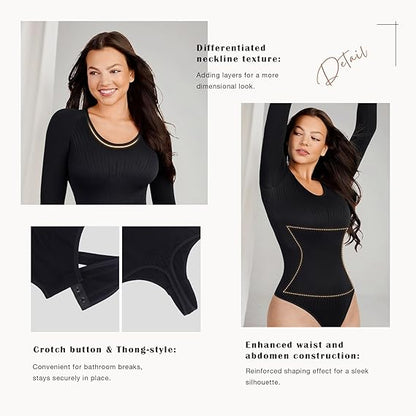 Loverbeauty Long Sleeve Thong Bodysuit for Women Essential Bodysuits Ribbed Tee Tops Scalloped Texture Slimming Tshirt