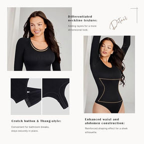 Loverbeauty Long Sleeve Thong Bodysuit for Women Essential Bodysuits Ribbed Tee Tops Scalloped Texture Slimming Tshirt