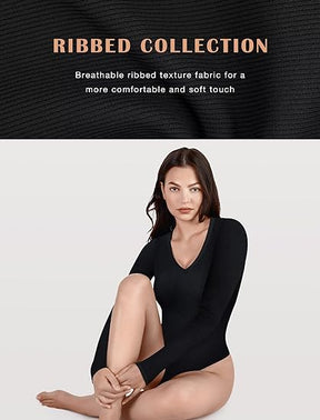 Lover-Beauty Women'S Deep V Neck Long Sleeve Tops Thong Bodysuit Jumpsuits Clubwear T Shirts