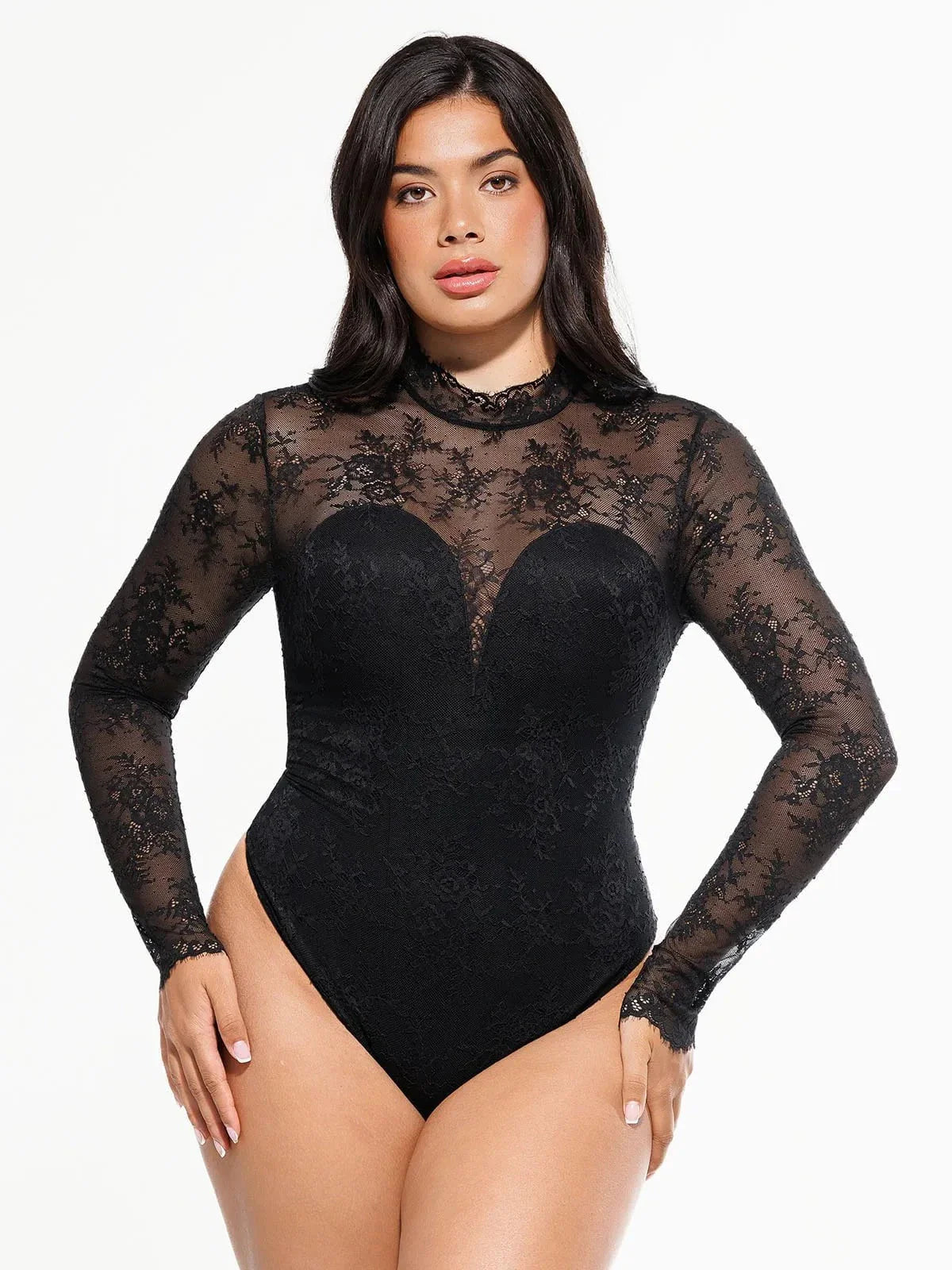 Distribution Shapewear Mock Neck Long Sleeve Floral Lace Bodysuit