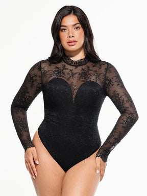 Distribution Shapewear Mock Neck Long Sleeve Floral Lace Bodysuit