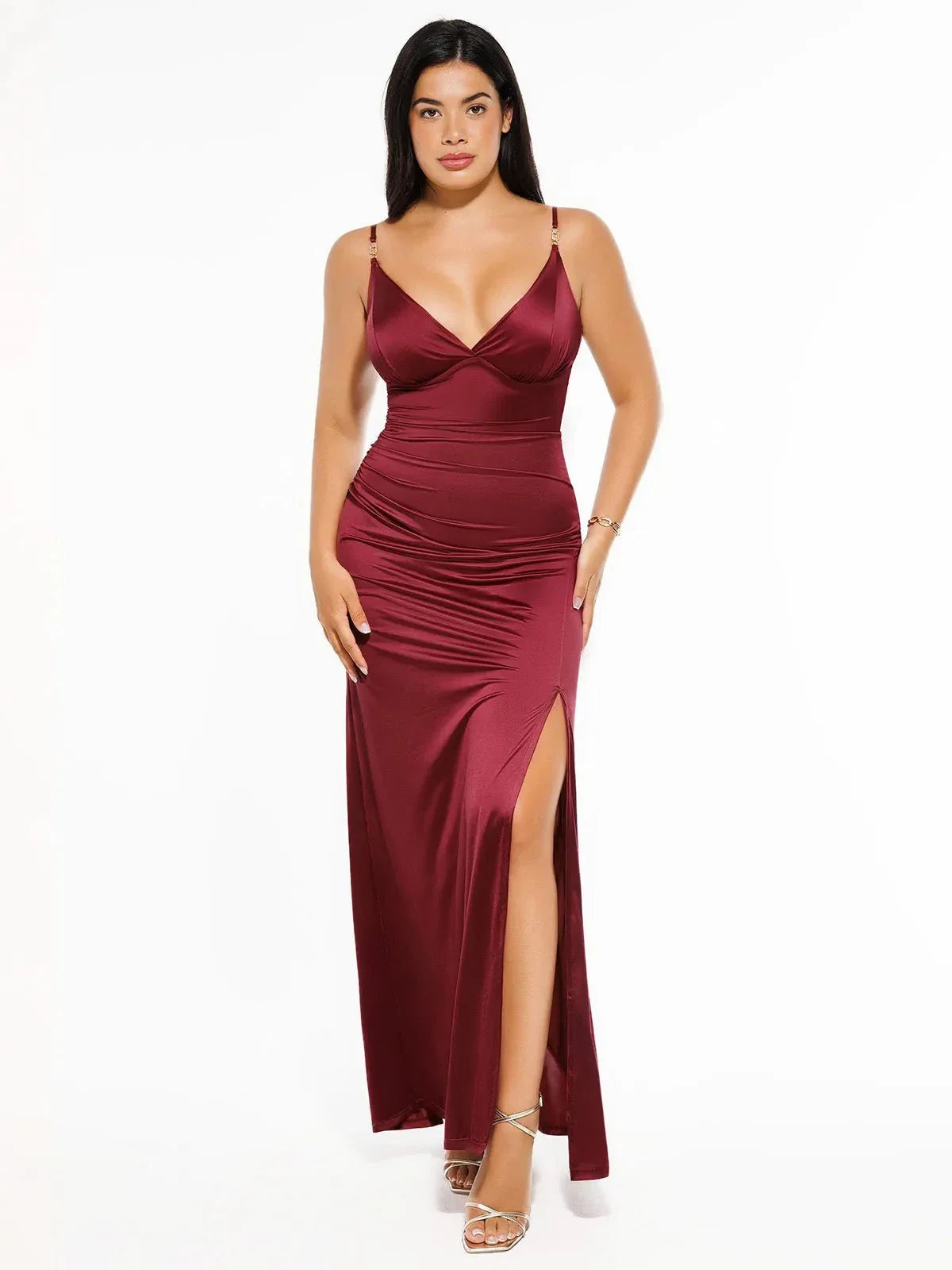 Distribution Shapewear Satin Deep-V Front Slit Maxi Dress