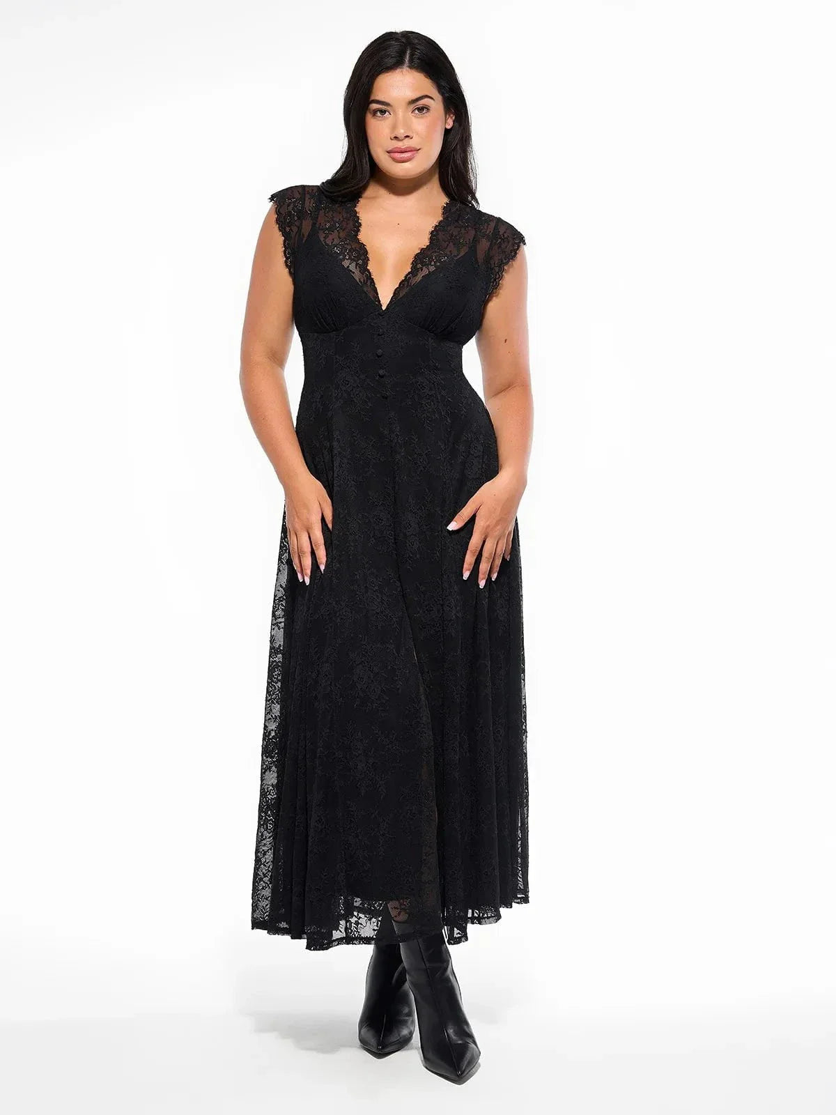 Popilush? Shapewear Boho Floral Lace Front Slit Midi Dress