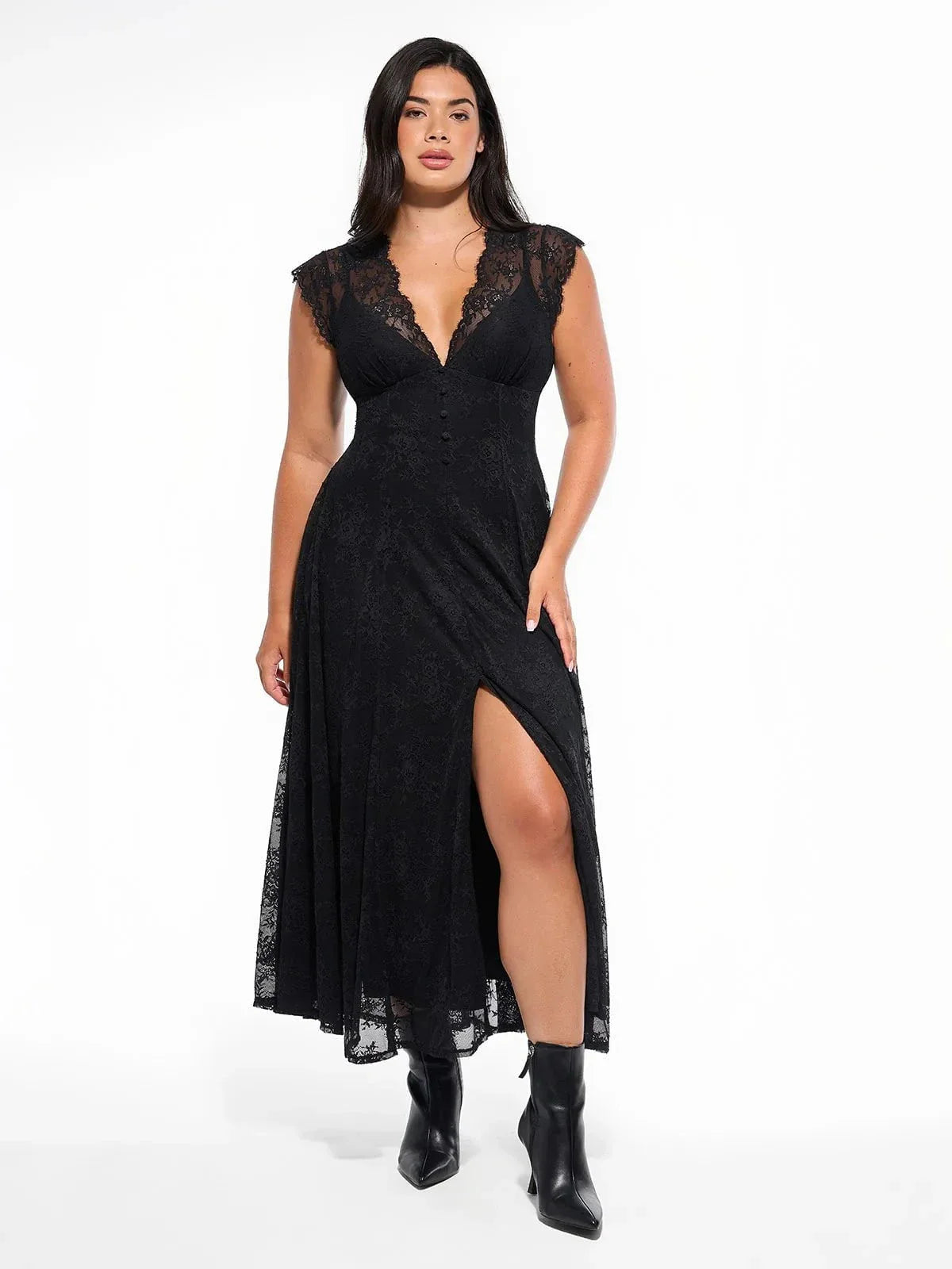 Popilush? Shapewear Boho Floral Lace Front Slit Midi Dress