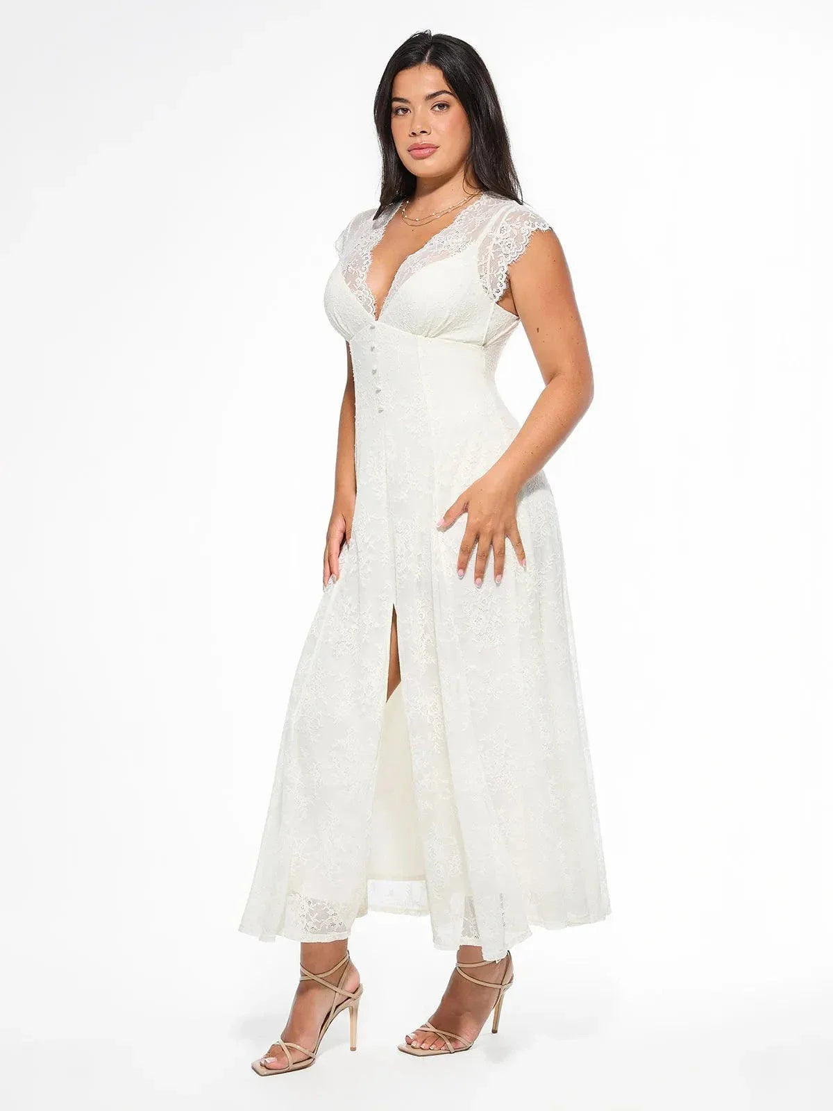 Popilush? Shapewear Boho Floral Lace Front Slit Midi Dress