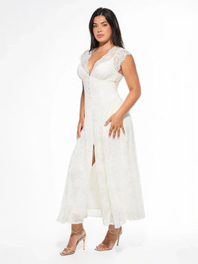 Popilush? Shapewear Boho Floral Lace Front Slit Midi Dress