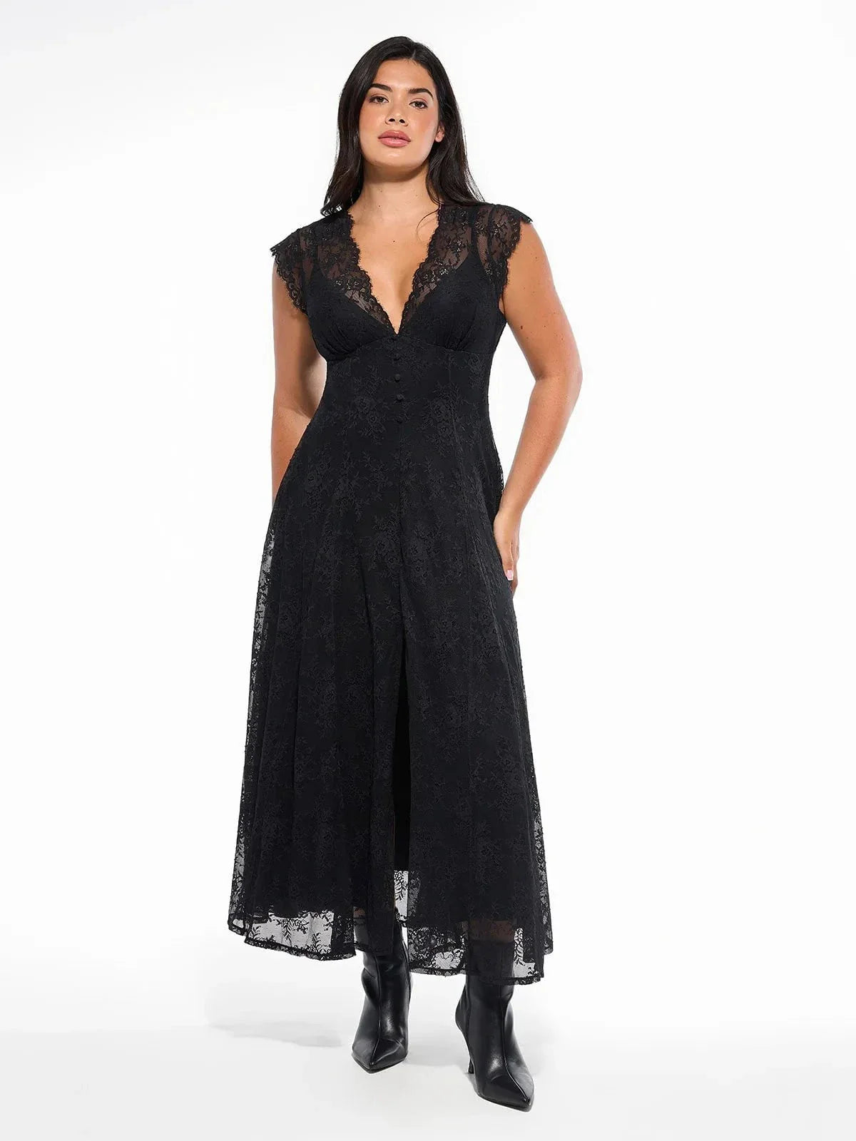 Popilush? Black / XS Shapewear Boho Floral Lace Front Slit Midi Dress