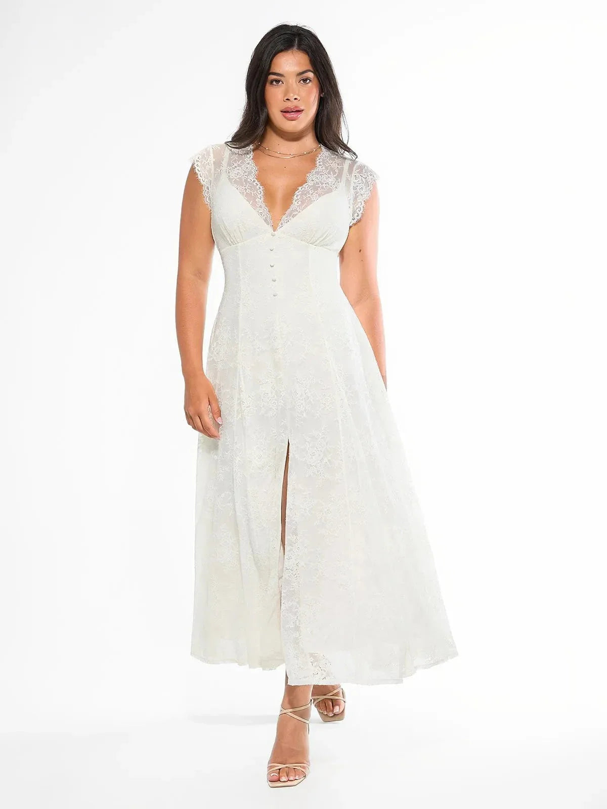Popilush? White / XS Shapewear Boho Floral Lace Front Slit Midi Dress