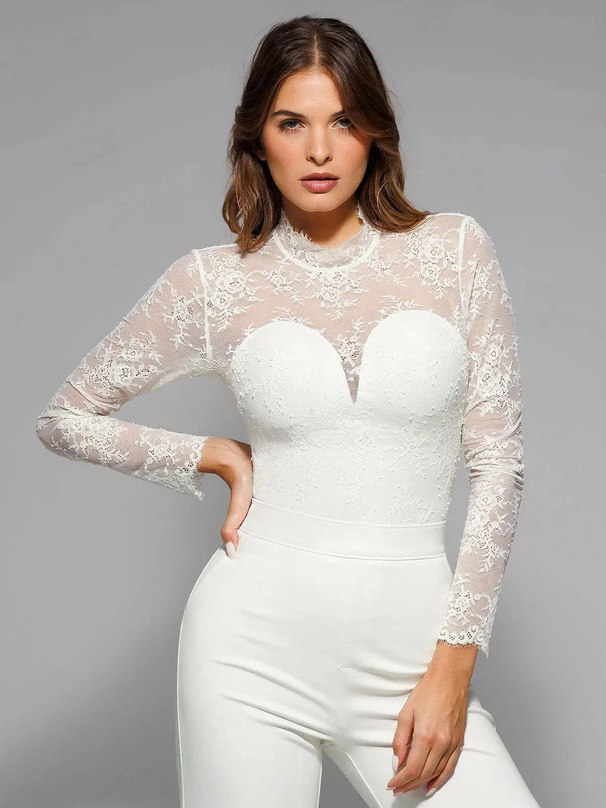 Popilush? Shapewear Mock Neck Long Sleeve Floral Lace Bodysuit