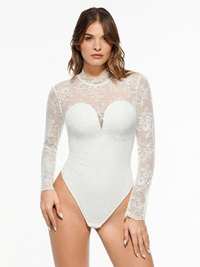 Popilush? White / XS Shapewear Mock Neck Long Sleeve Floral Lace Bodysuit