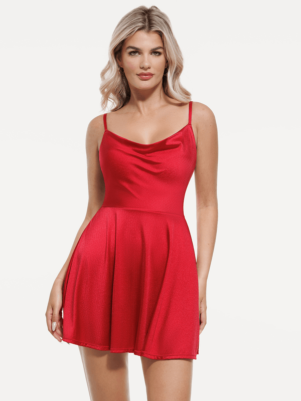 Popilush® Mini Dress / Red / XS Shapewear Strappy Cowl Neck Fit & Flare Midi Dress