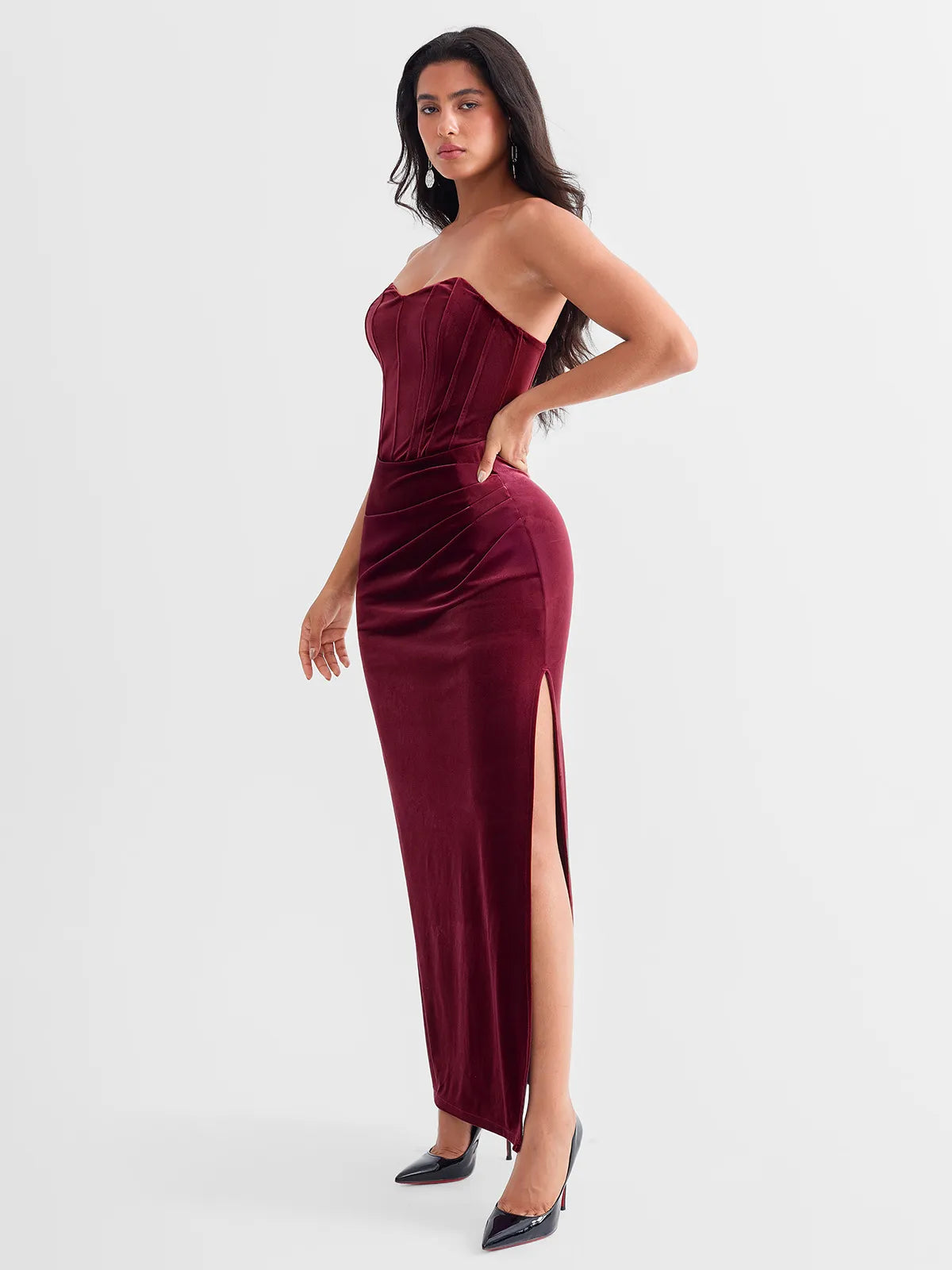 Popilush® Strapless Velvet Bustier Sculpting Maxi Dress