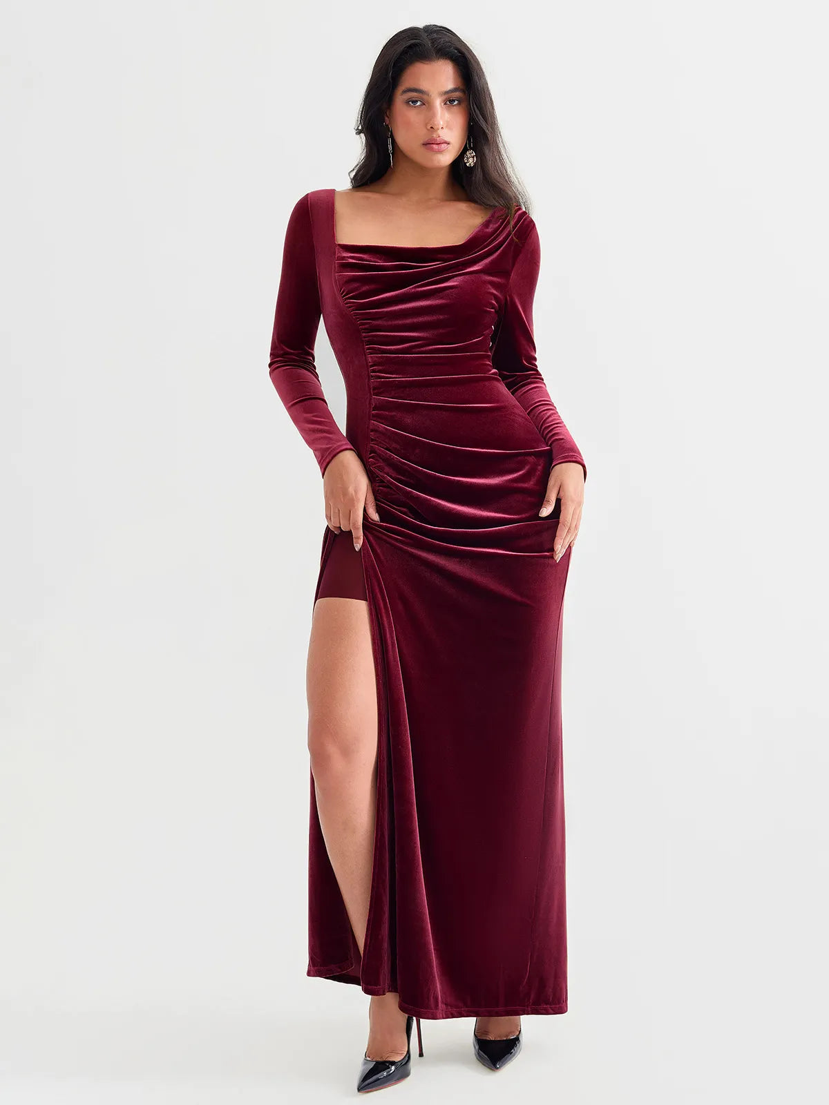 Popilush® Velvet Draped Sculpting Maxi Dress