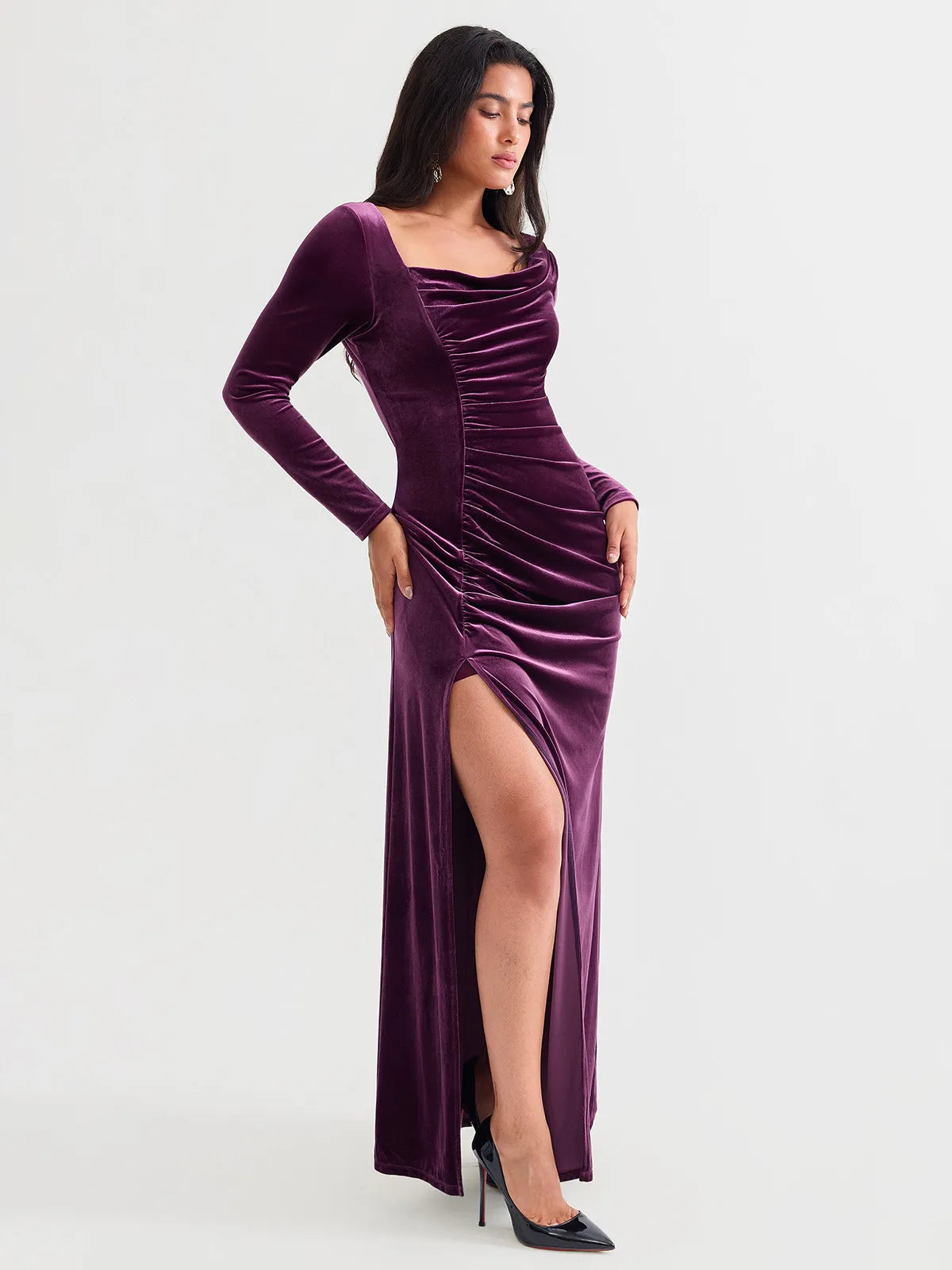 Popilush® Velvet Draped Sculpting Maxi Dress