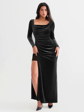 Popilush® Velvet Draped Sculpting Maxi Dress