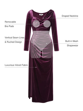 Popilush® Velvet Drapped Long Sleeve Sculpting Column Gown