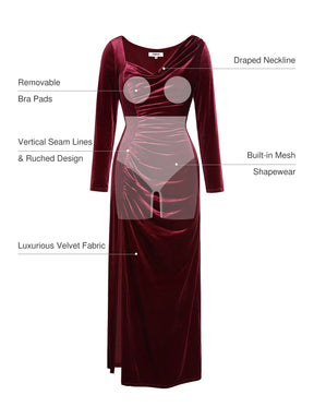 Popilush® Velvet Drapped Long Sleeve Sculpting Column Gown