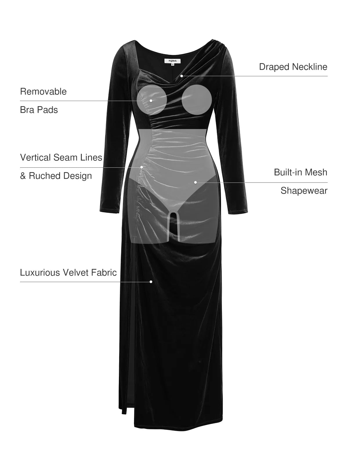 Popilush® Velvet Drapped Long Sleeve Sculpting Column Gown